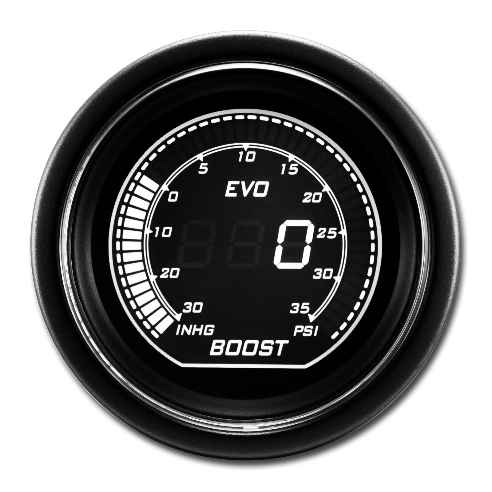 EVO 52mm Digital Turbo Boost/Vacuum Gauge -30~0 inHg/0~35 PSI White & Green LCD EVO 52mm Digital Turbo Boost/Vacuum Gauge -30~0 inHg/0~35 PSI White & Green LCD