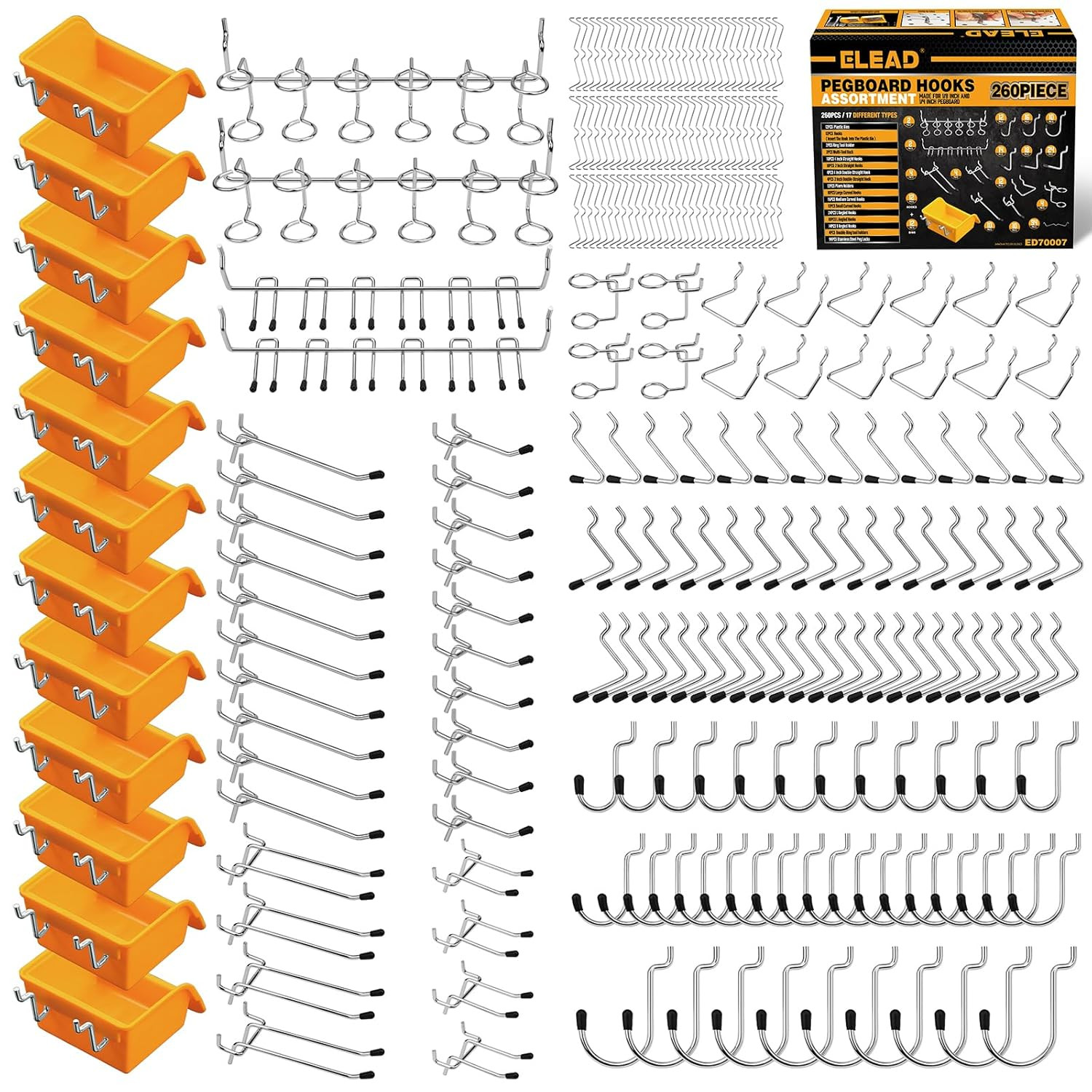 260 Piece Pegboard Hooks 1/8 and 1/4 Inch Peg Board Organizer Accessories with P