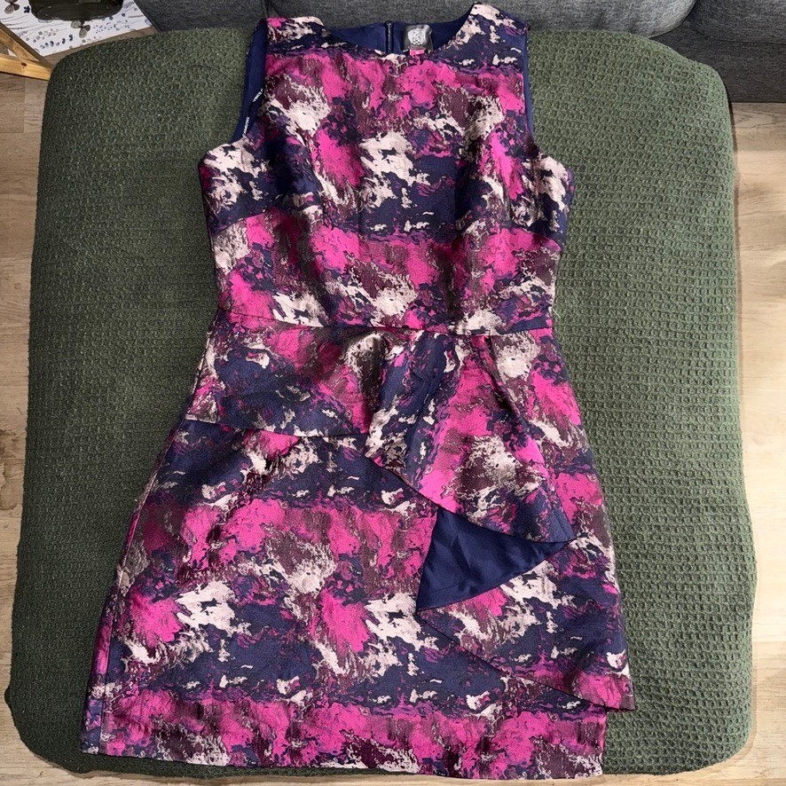 Vince Camuto Pink Navy Metallic Jacquard Ruffle Sheath Dress Size 10