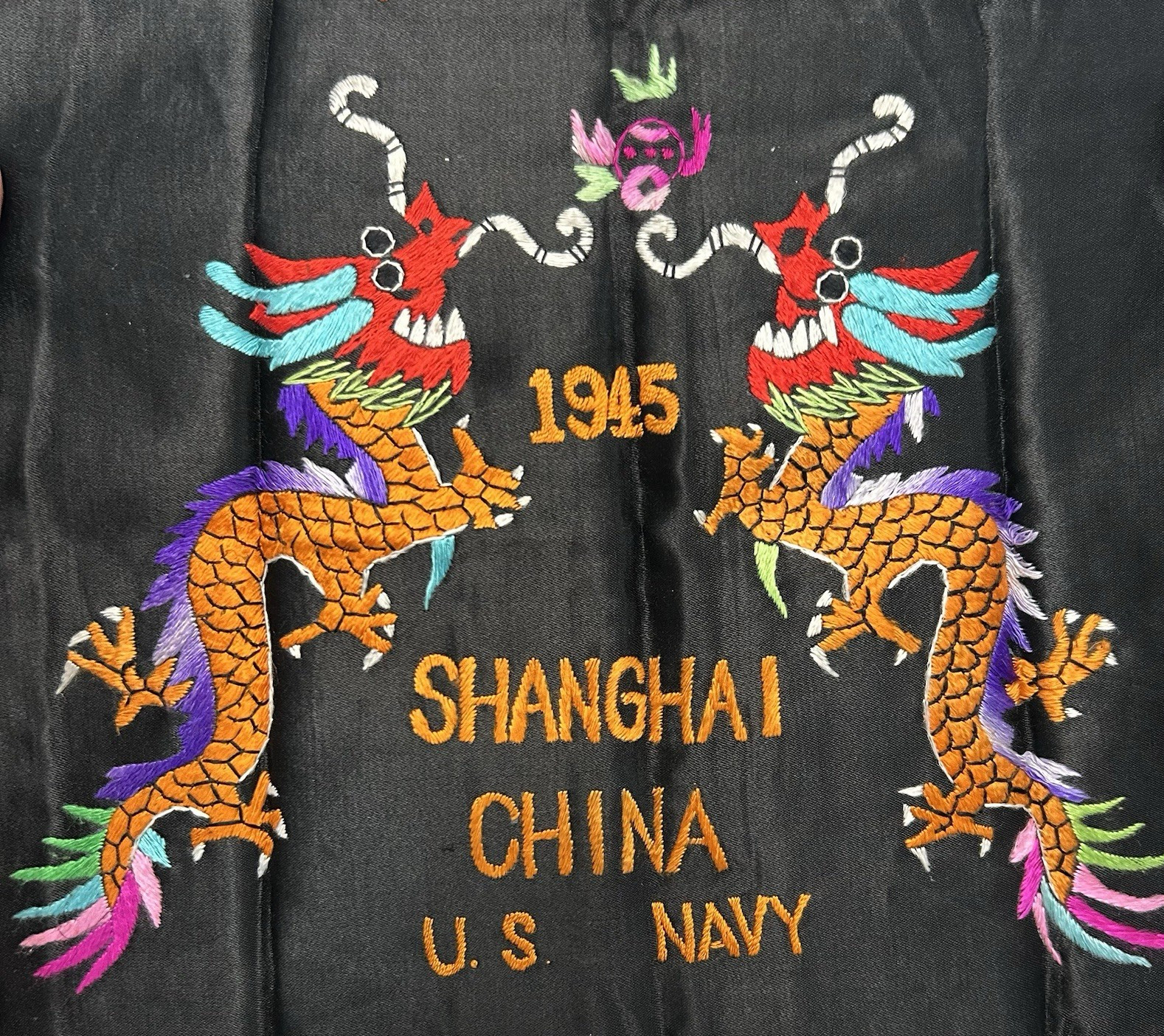 Vintage 1945 Shanghai China Silk Embroidery Dragons US Navy 10x11 Needlework Vintage 1945 Shanghai China Silk Embroidery Dragons US Navy 10x11 Needlework