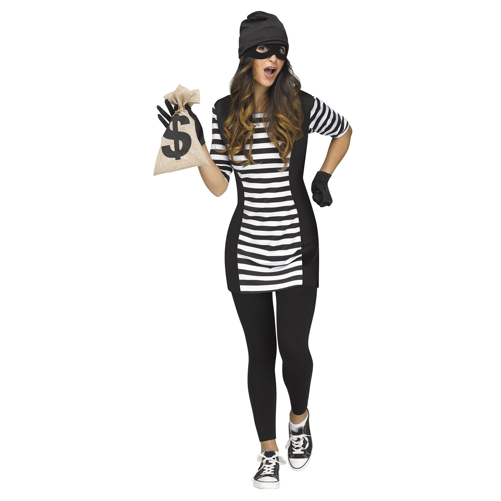 Adult Women\'s Burglar Babe Halloween Costume Dress Cape Gloves Eye Mask S/M