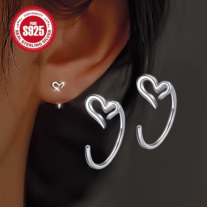 New Women's 925 Silver Plated Heart-Shaped Hollow Hoop Earrings Hypoallergenic