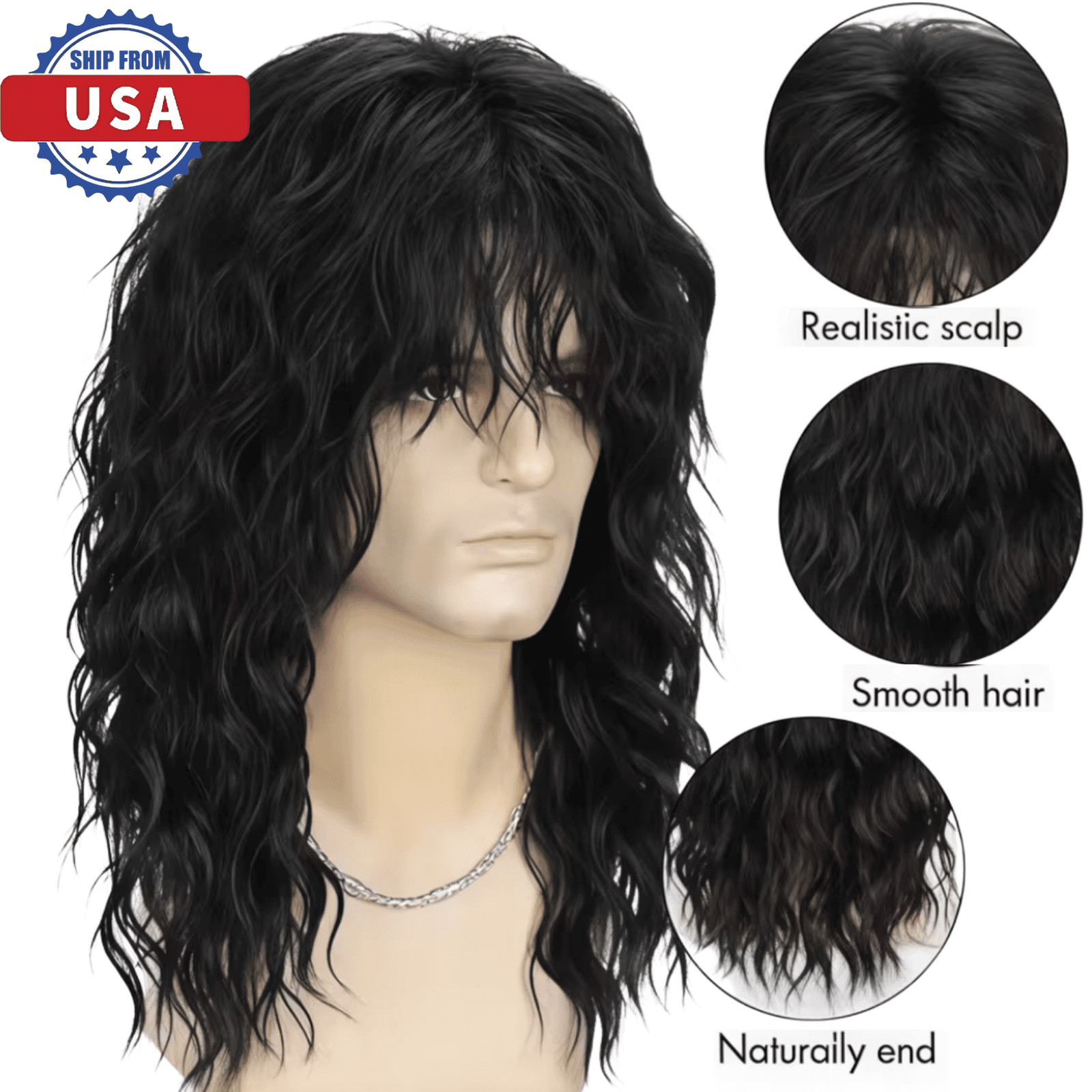 Men’s 80s Black Mullet Wigs Punk Heavy Metal Long Curly Rocker Male Hair Wig USA
