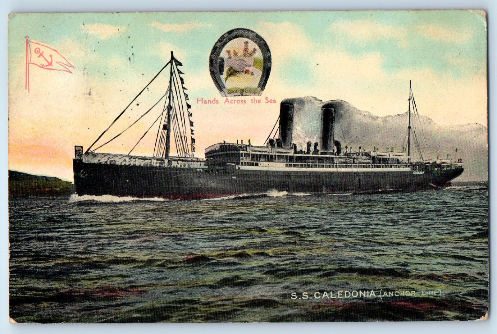 Newmilns Ayshire Scotland Postcard S.S. Caledonia (Anchor Line) Good Luck 1911 Newmilns Ayshire Scotland Postcard S.S. Caledonia (Anchor Line) Good Luck 1911