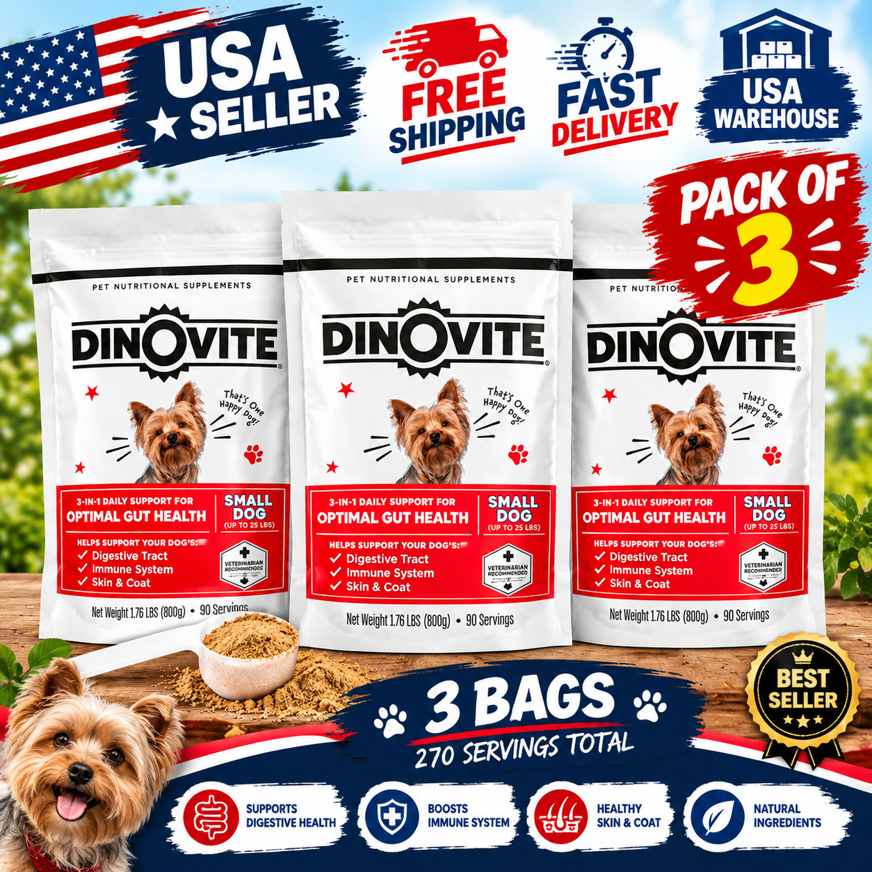 Dinovite for Small Dogs | Probiotic Supplement for | 1-18 lbs | 90 Servings 3Pac