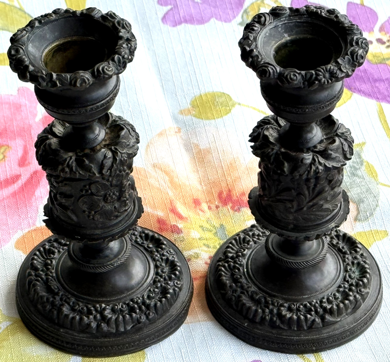 Antique 19thC Renaissance Revival Cast Brass Candlesticks - Weighted Pair