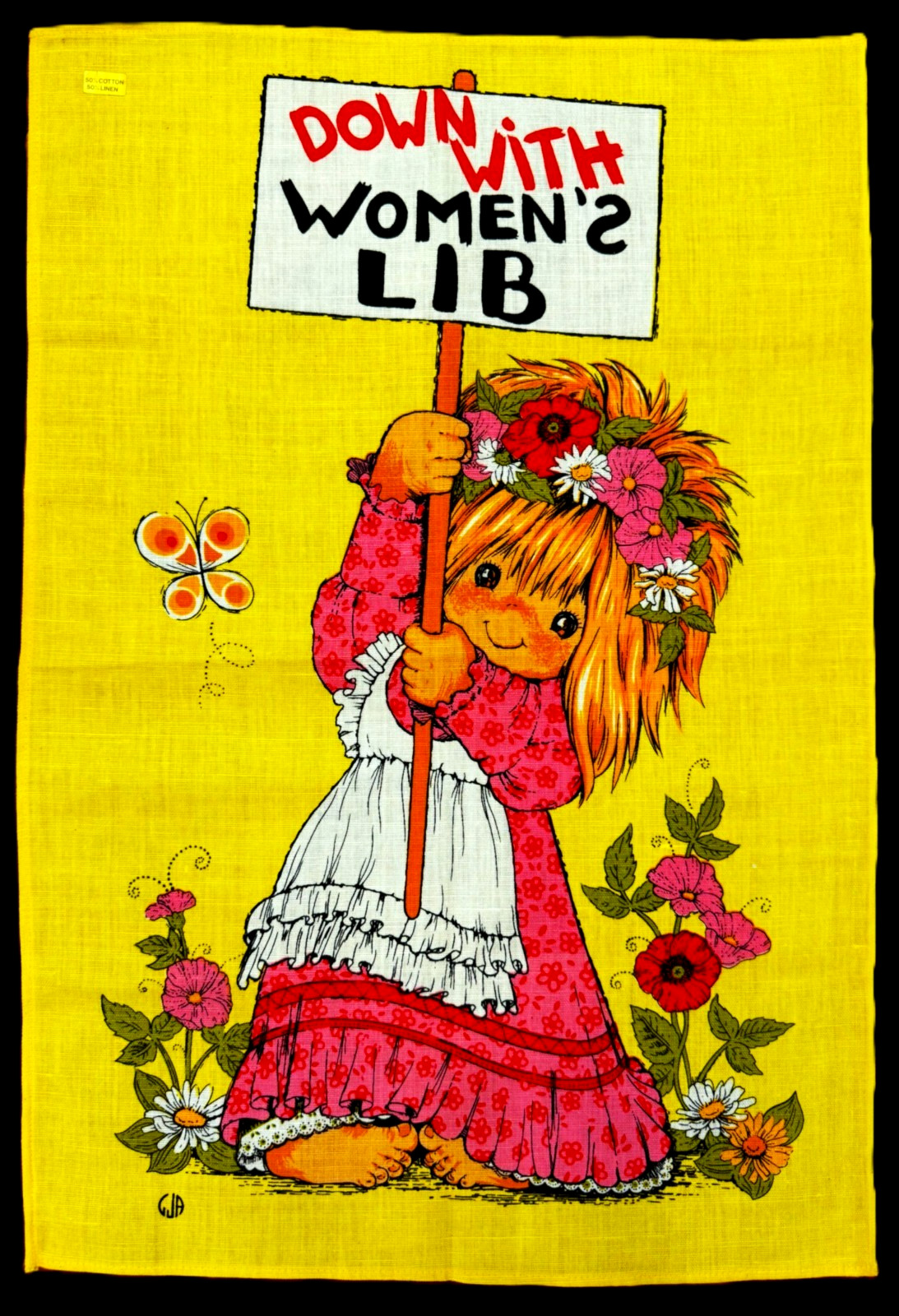 MWT Vtg. 60s 70s Linen Tea Towel Wall Art DOWN WITH WOMEN\'S LIB MWT Vtg. 60s 70s Linen Tea Towel Wall Art DOWN WITH WOMEN\'S LIB