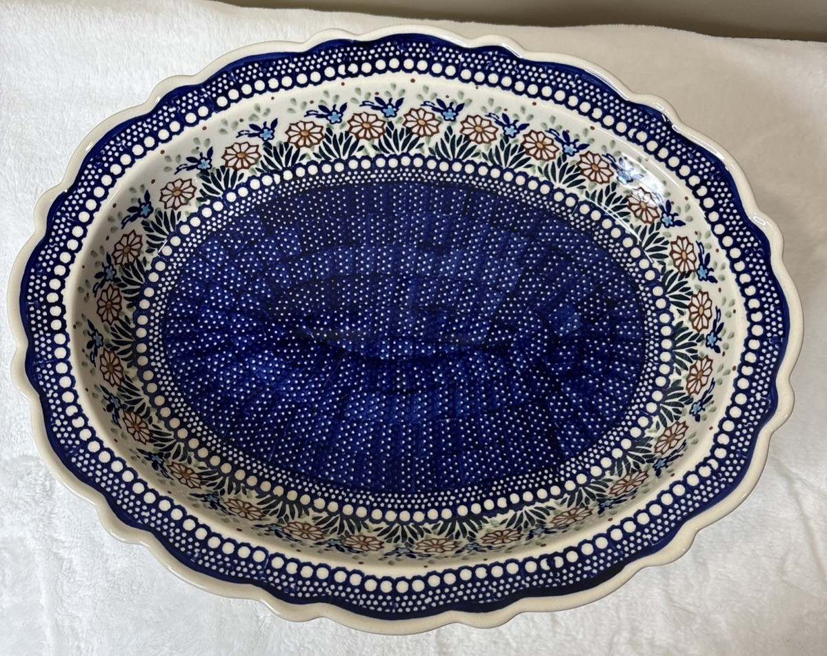 Vintage Manufaktura Polish Pottery Oval Serving Platter, 15” Long Scalloped Bowl