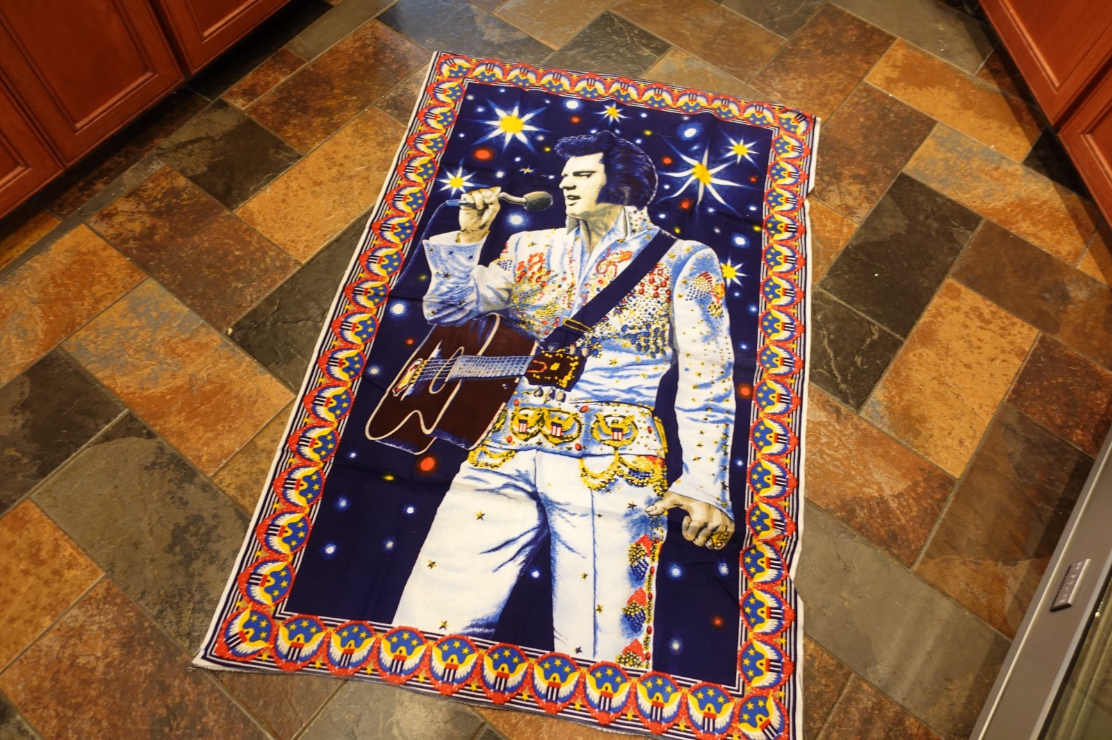 Vintage Elvis Presley Large COTTON Velour Wall Hanging  Starry Stage & GUITAR #1
