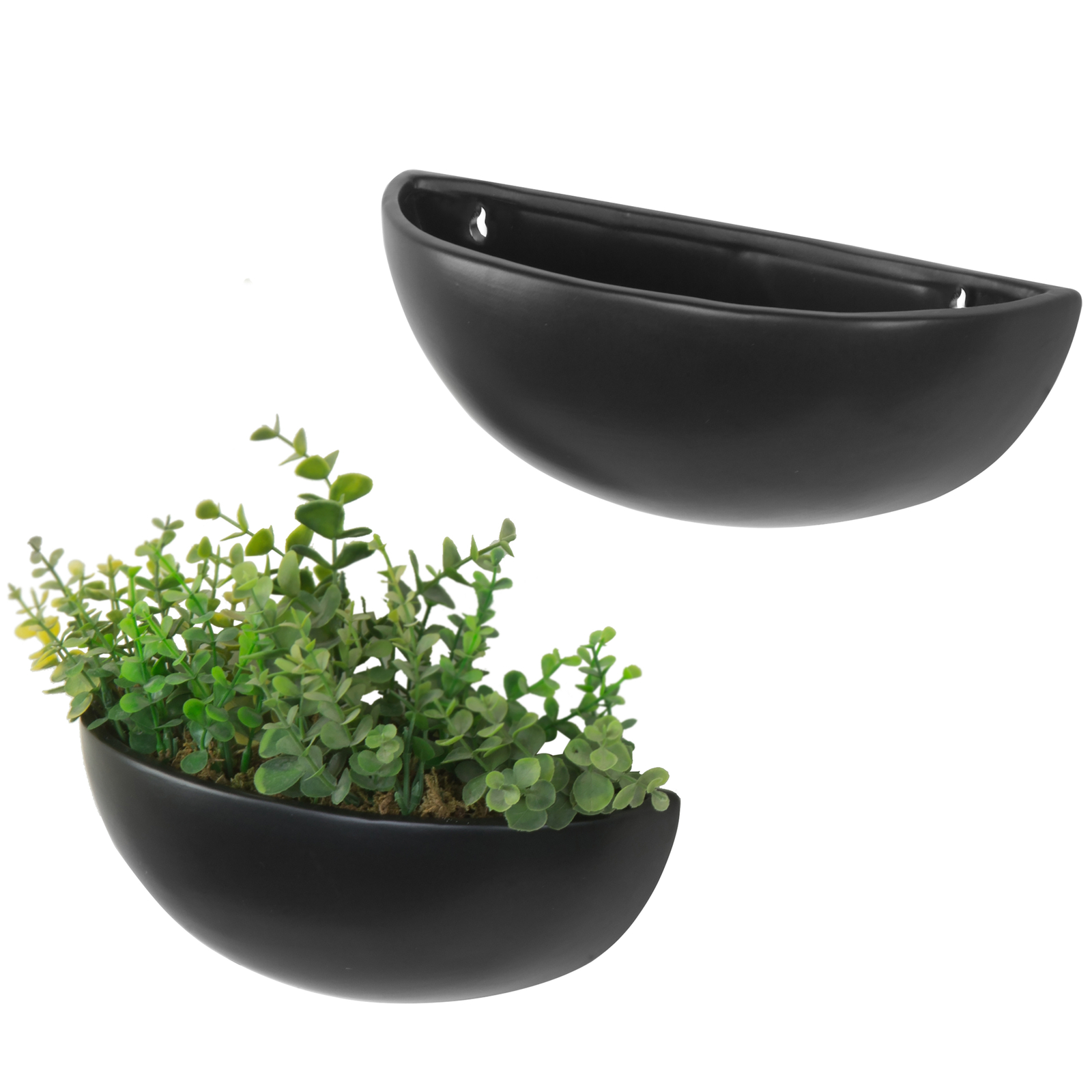 MyGift Set of 2 Matte Black Ceramic 12 Inch Half Moon Wall Mounted Planter Pots