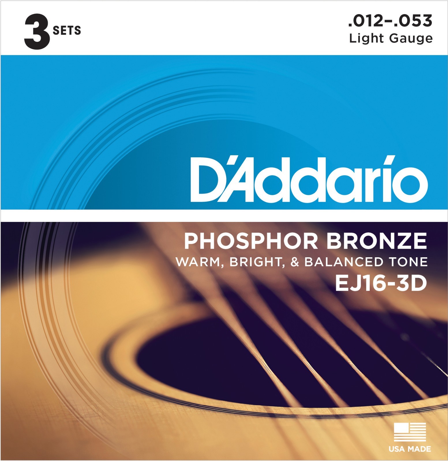 D\'Addario EJ16-3D Phosphor Bronze Light Acoustic Guitar Strings 3 Sets EJ16