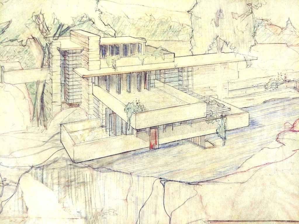 Fallingwater Architectural Drawing by Frank Lloyd Wright  Iconic American Design