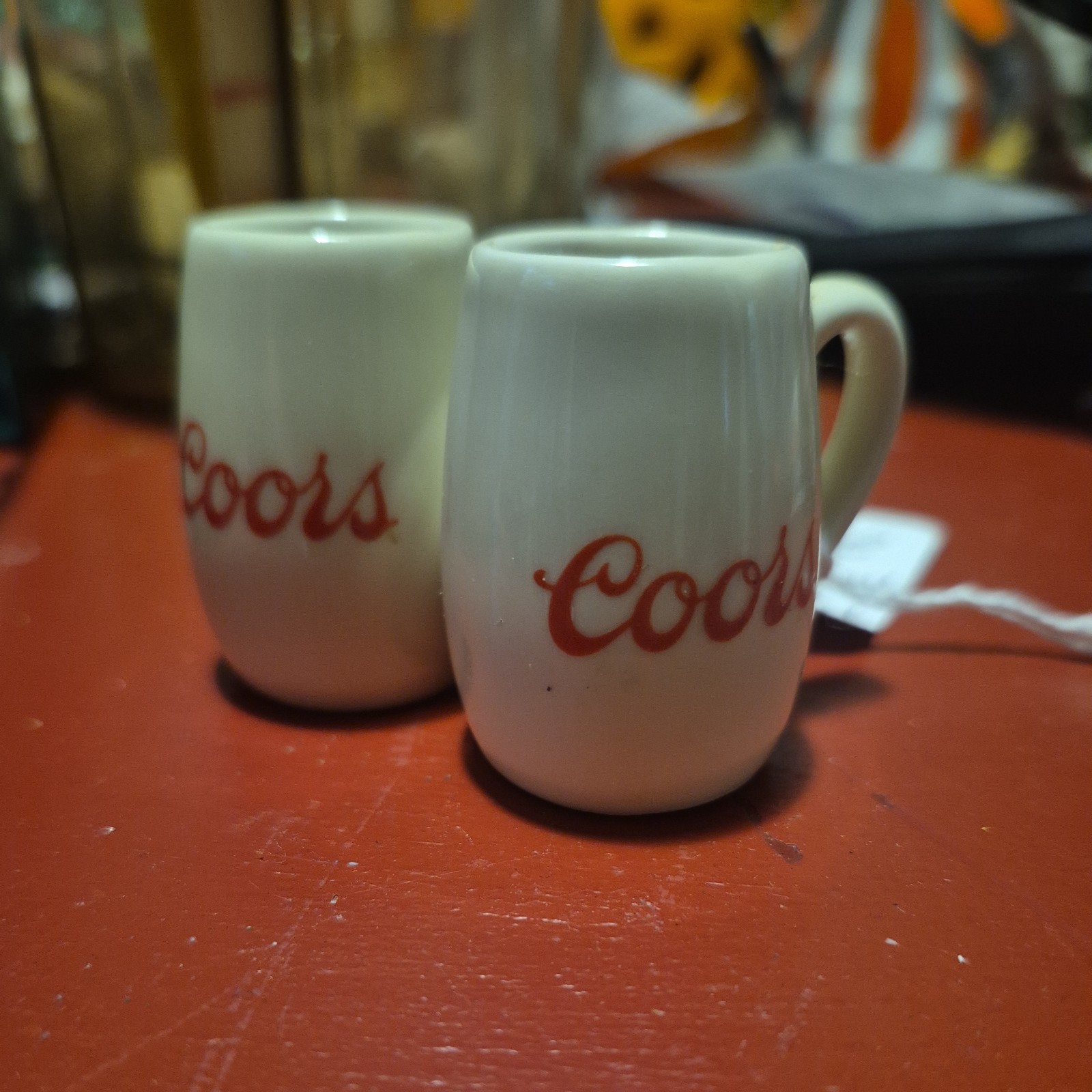 2 Vintage COORS Pottery Souvenir Porcelain/ceramic Beer Mini Mugs 1.5\