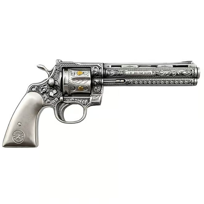 1 oz Silver Revolver Gun Shaped Antiqued High Relief .999 Fine 1 oz Silver Revolver Gun Shaped Antiqued High Relief .999 Fine