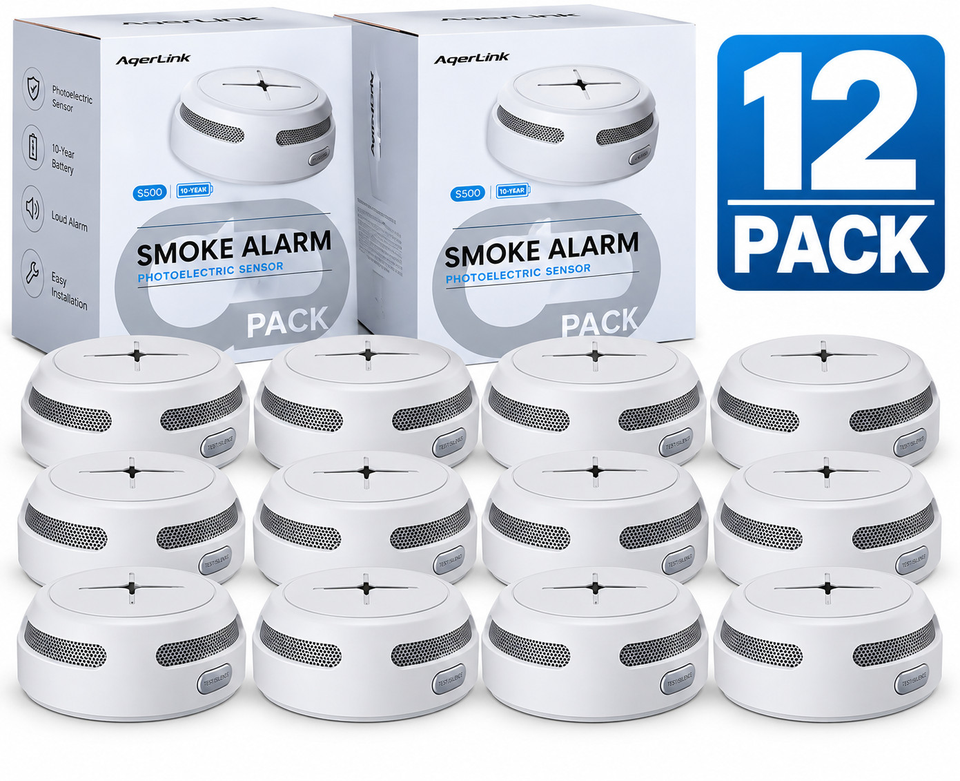 Smoke Detector Fire Alarm 12 Pack Photoelectric Sensor 10Year Battery Loud Alert