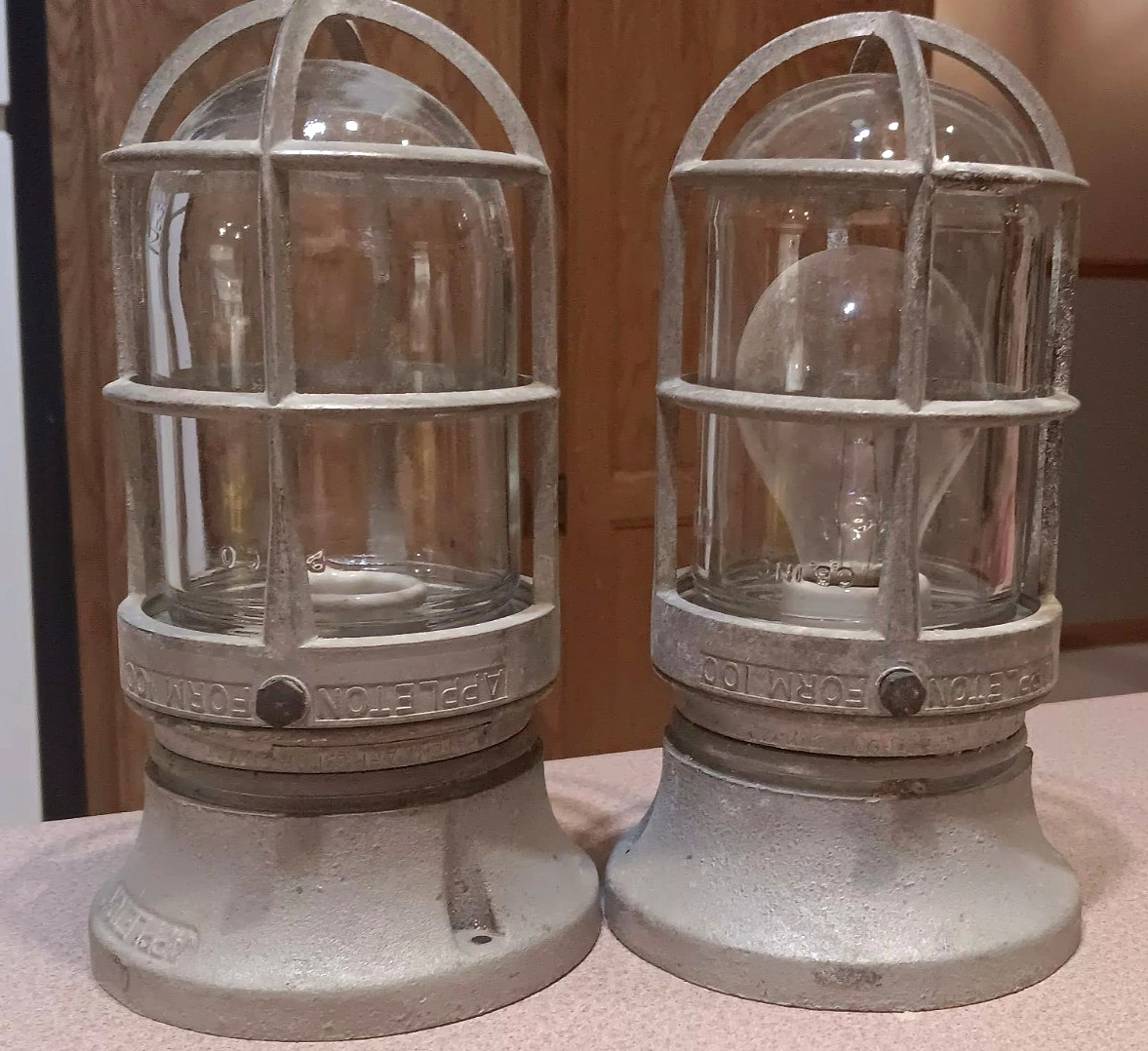 2 Vintage APPLETON Wisconsin ELECTRIC Caged Domed Light Bulbs Sockets FORM 100