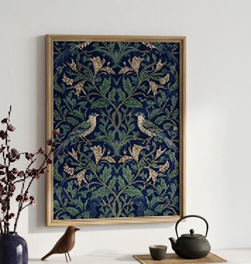 William Morris Birds & Floral Digital Wall Art | Vintage Botanical Navy Print