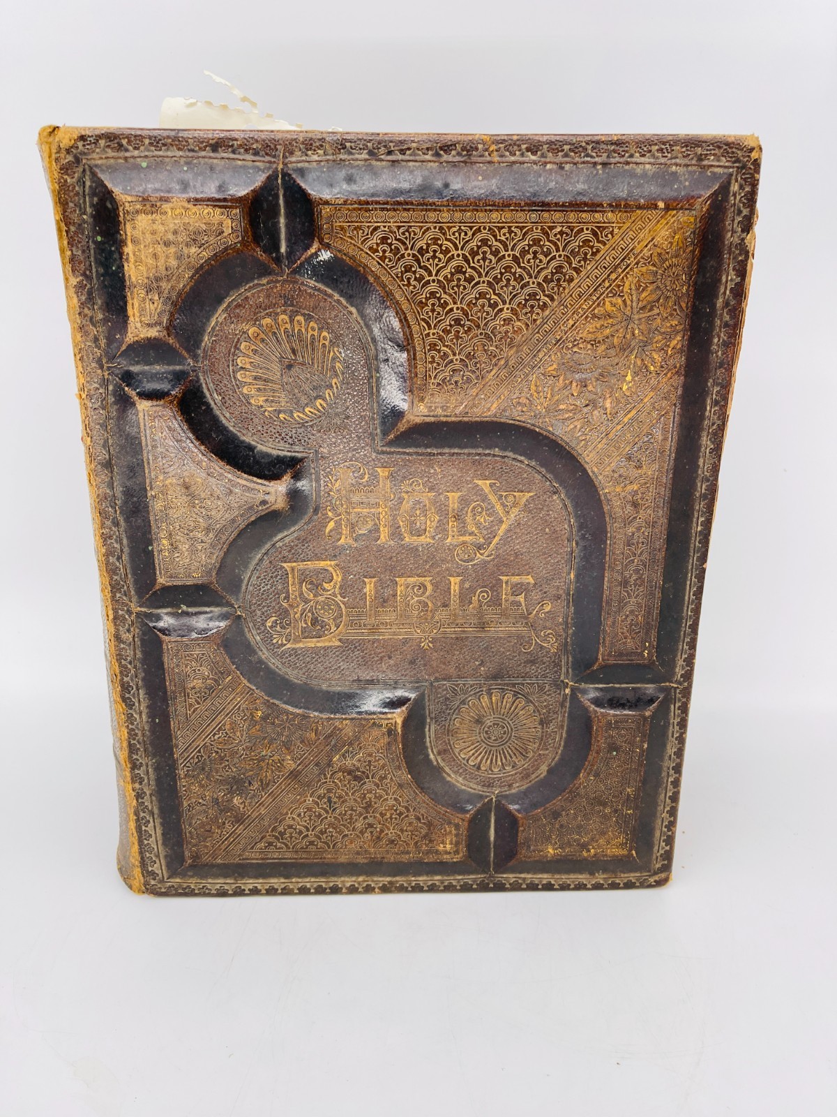 Antique 19th Century Leather-Bound Holy Family Bible Pics Births Deaths Marriage
