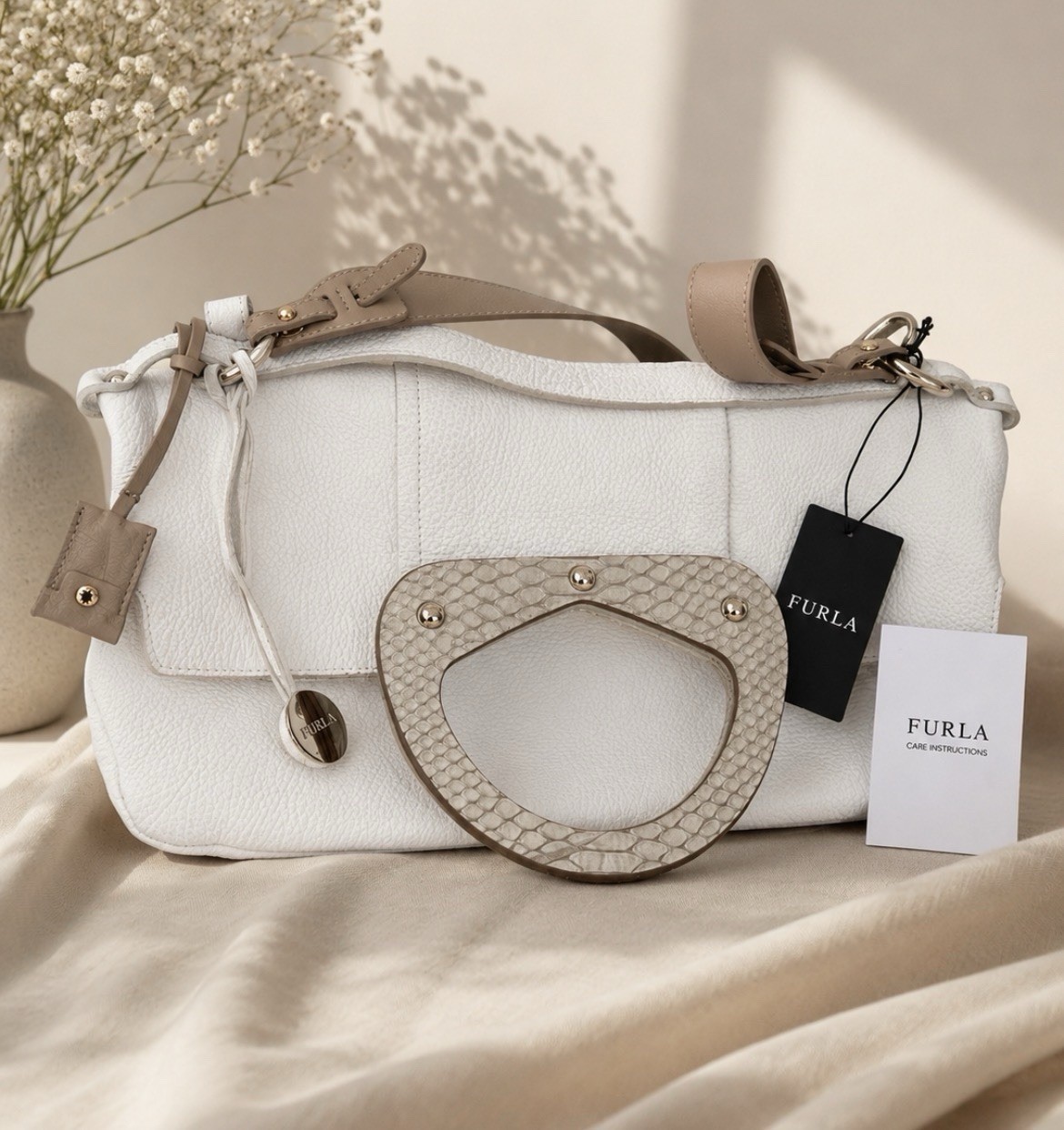 Authentic Furla Rare Cream & Taupe Leather Hobo Bag – Snake Handle +Extra Strap 