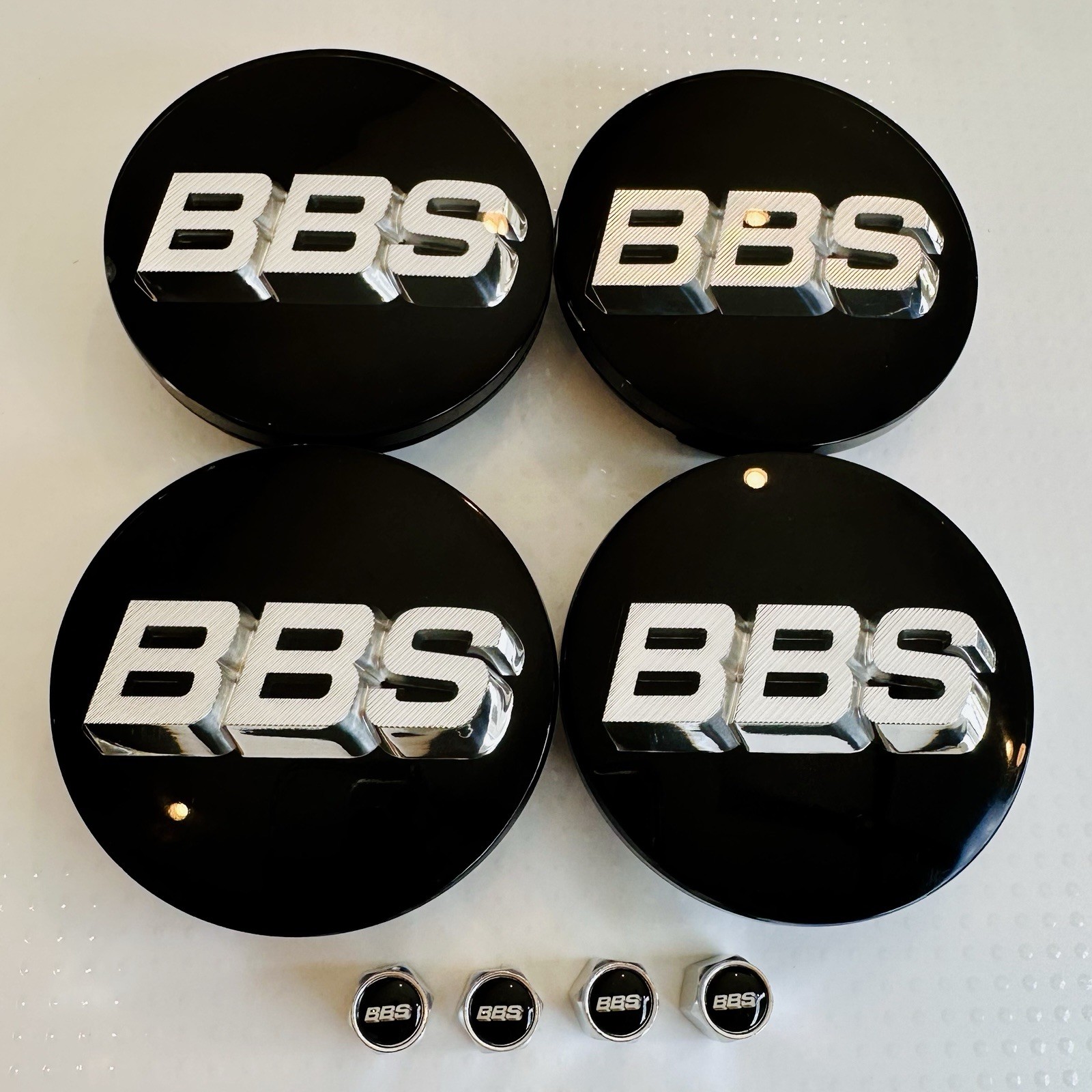 4pc OEM 3D Silver Black BBS 70mm Center Caps 56.24.073 & 4pc Chrome Valve Caps