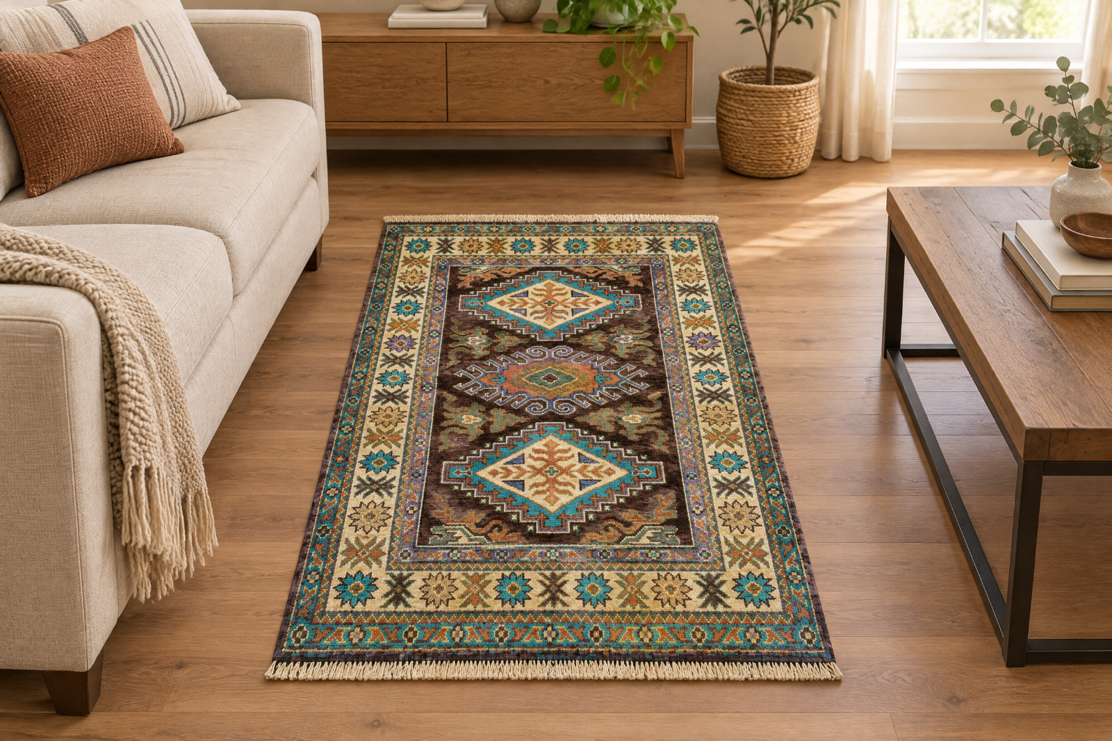 Tribal Antique Kazak Oriental Rug 3x5 Ft Handmade Geometric Oriental Wool Carpet