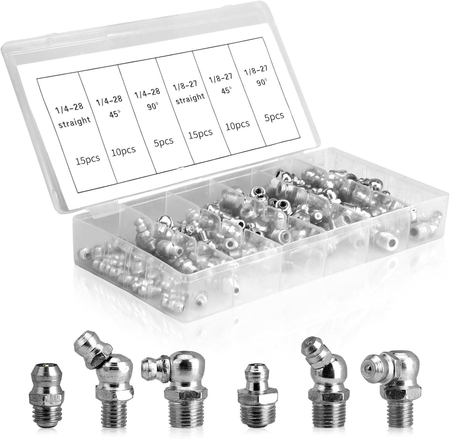 OYMLANX 110Pcs Hydraulic Grease Fittings Assortment Kit SAE Zerk Fittings 1/4