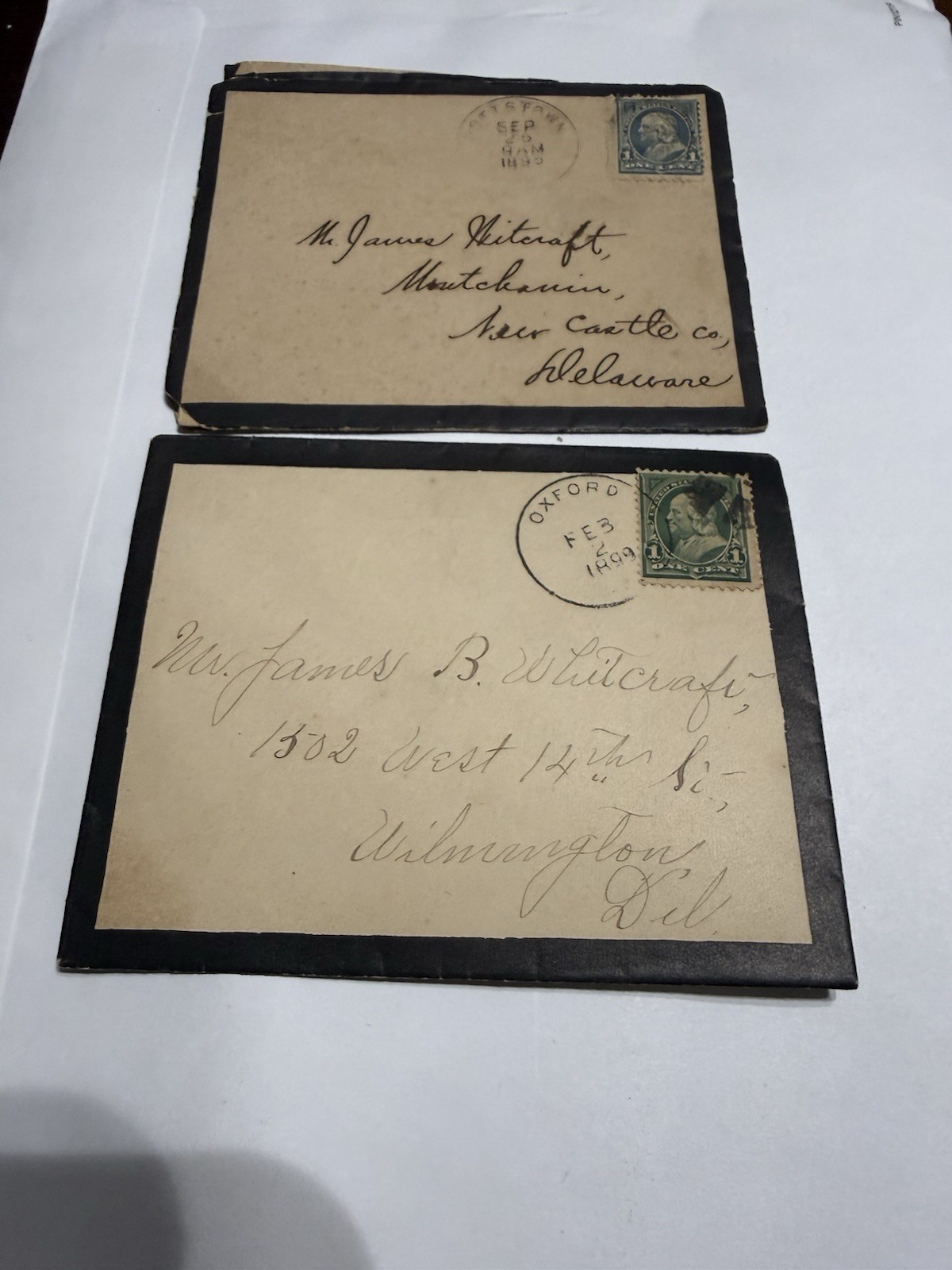2 Rare 1800s Ben Franklin One Cent Stamps Blue And Green On Envelopes 2 Rare 1800s Ben Franklin One Cent Stamps Blue And Green On Envelopes
