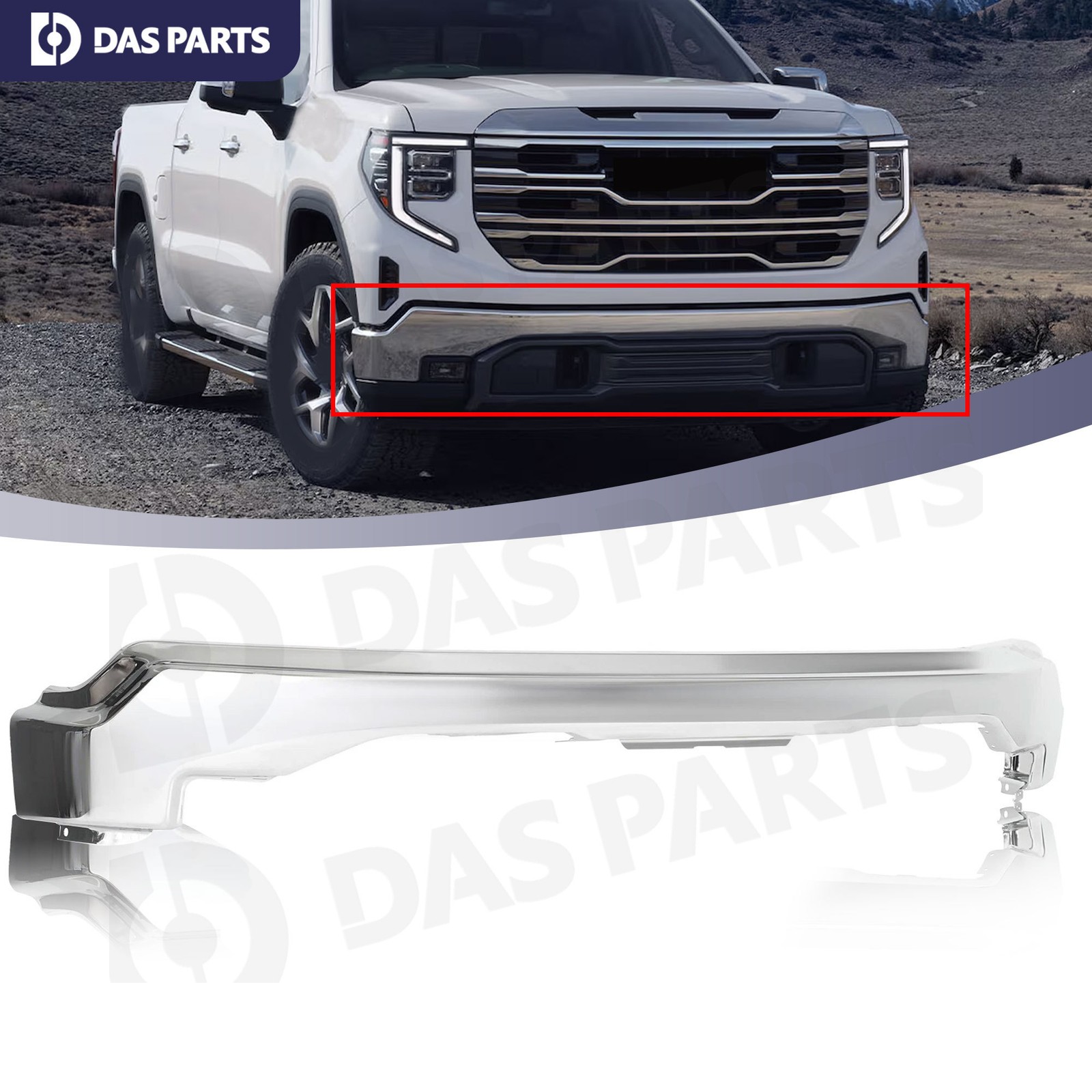 Fits For GMC Sierra 1500 2022-2026 Chrome Front Bumper Face Bar w/o Sensor Hole