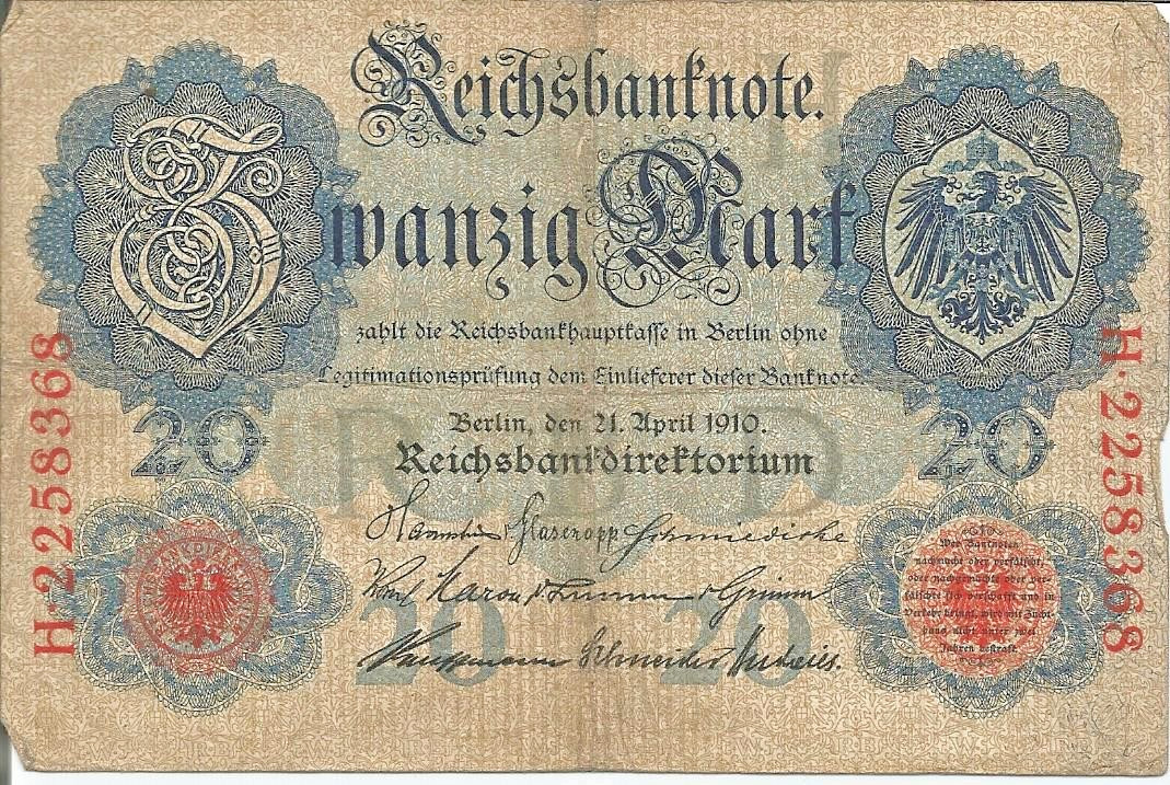 Germany 20 Mark 1914 Banknote – Imperial Era – Pre-WWI Currency CIR. #44