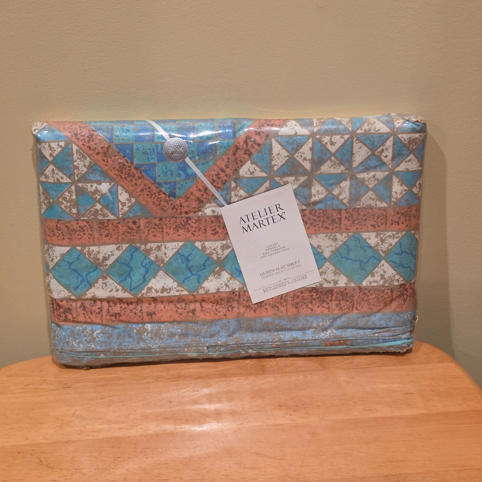 Vintage Atelier Martex Medina Queen Flat Sheet NOS Geometric Southwest Percale