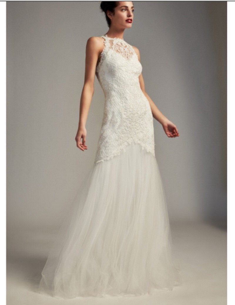 Tadashi Shoji Bridal Janey Lace Halter Mermaid Tulle Ivory Gown Sz 16 $878