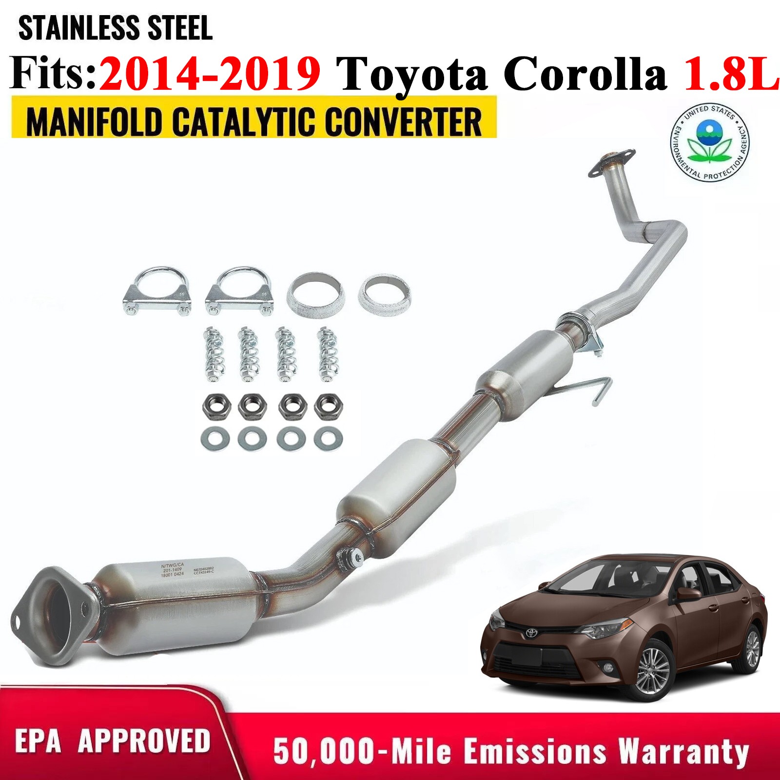 For 2014-2019 Toyota Corolla 1.8L L4 Resonator pipe & Catalytic Converter OBDII