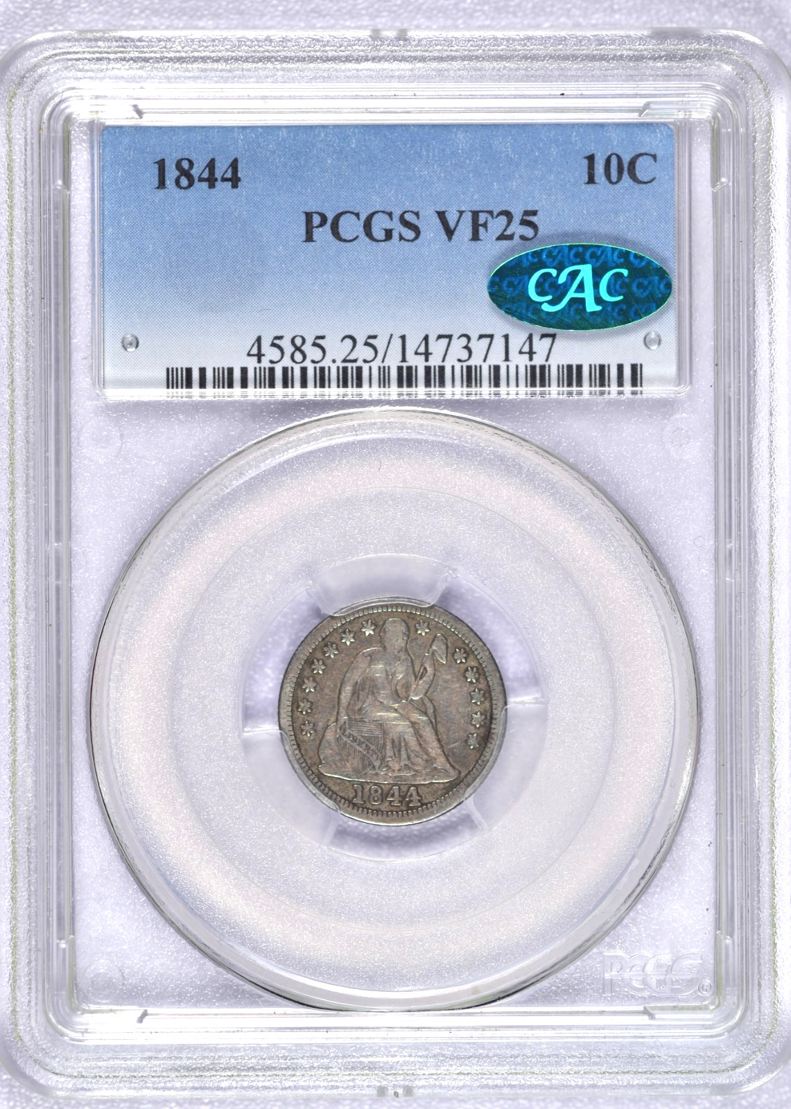 1844 SEATED LIBERTY DIME PCGS VF25 CAC KEY DATE ORIGINAL COIN