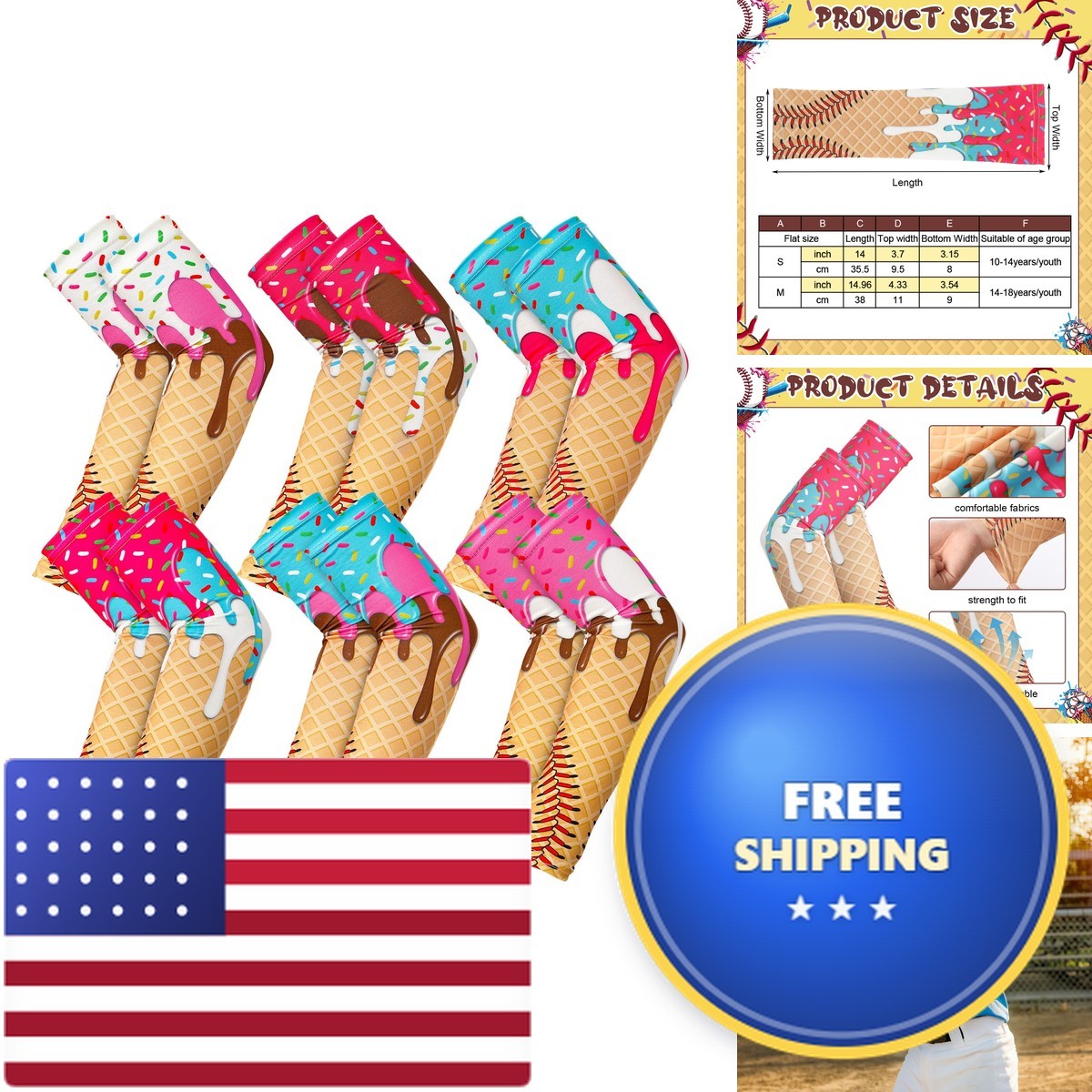 Geyoga 6 Pairs Arm Sleeve M Baseball Ice Cream Geyoga 6 Pairs Arm Sleeve M Baseball Ice Cream