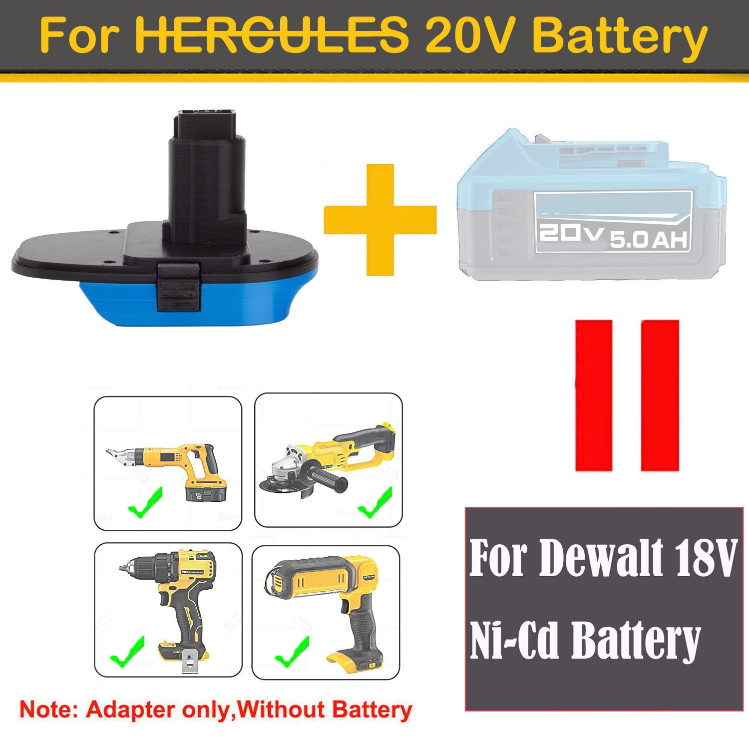 NEW For Hercules 20V Li-Ion Battery to For Dewalt 18V NiCd Tools Adapter Only