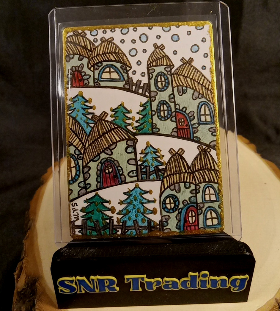 Winter Village ACEO Orig. Folk Art Card Hand Signed Ink Drawing Sabrina de Man