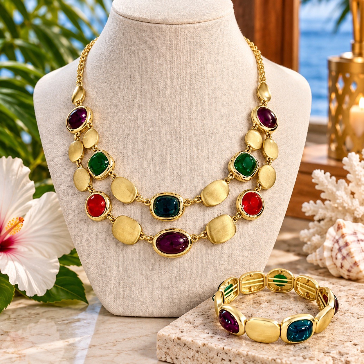 Monet Multi-Color Gold Tone Parure Cabochon Double-Strand Necklace Bracelet Set Monet Multi-Color Gold Tone Parure Cabochon Double-Strand Necklace Bracelet Set