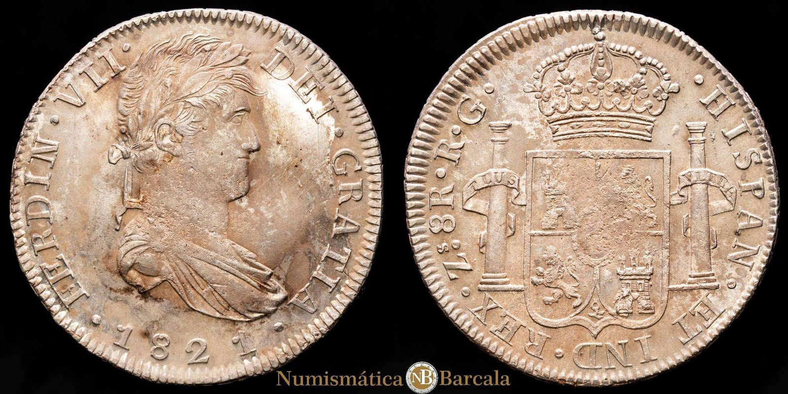Fernando VII 8 Reales (26,78 gramosg) 1821 Zacatecas (México) RG Aureo y Calic