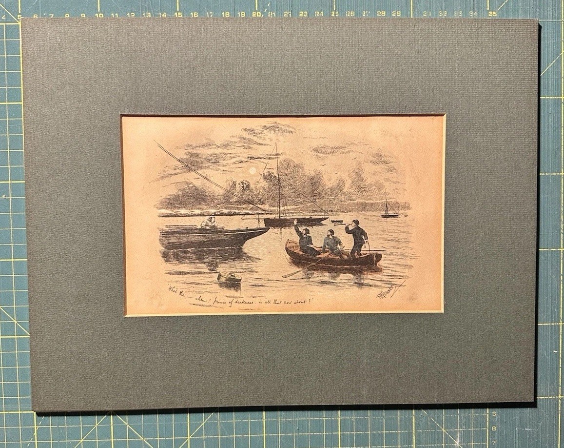 Antique Victorian Engraving – Humorous Night Fishing Scene (c.1870s)