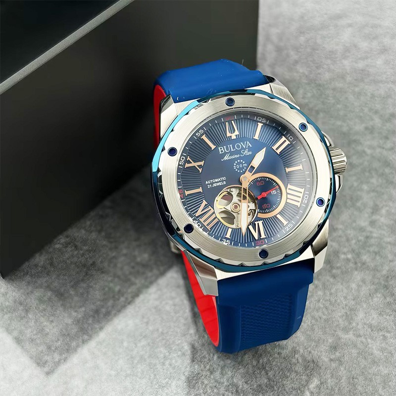 Bulova Marine Star A Men\'s Automatic Watch Blue Dial Silicone Strap 45MM 98A282