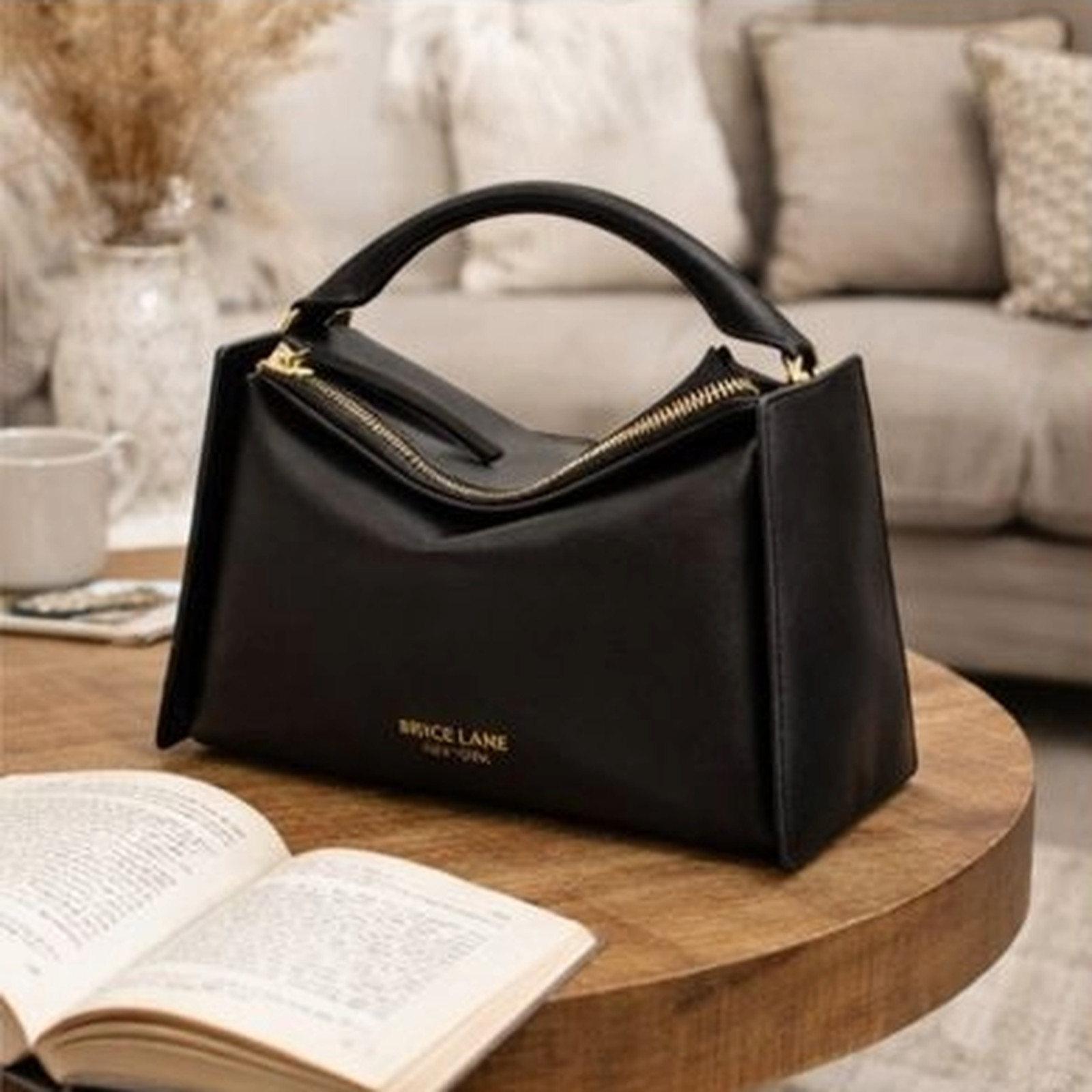 Black Leather Handbag, Designer Calfskin Purse with Gold Hardware, Gift for Her