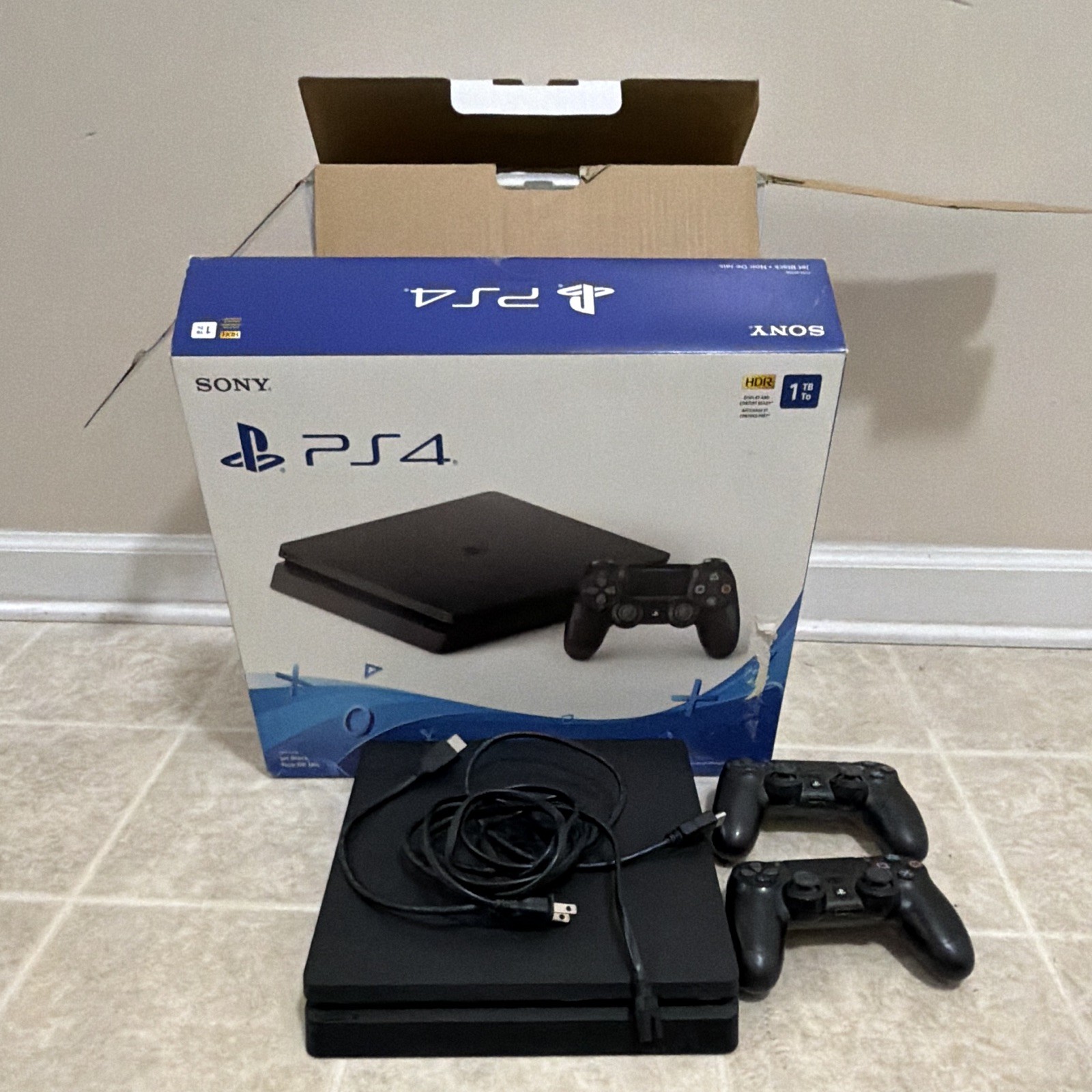 Sony PlayStation 4 Slim 1TB Black Console HDR w/ 2 DualShock 4 Controllers