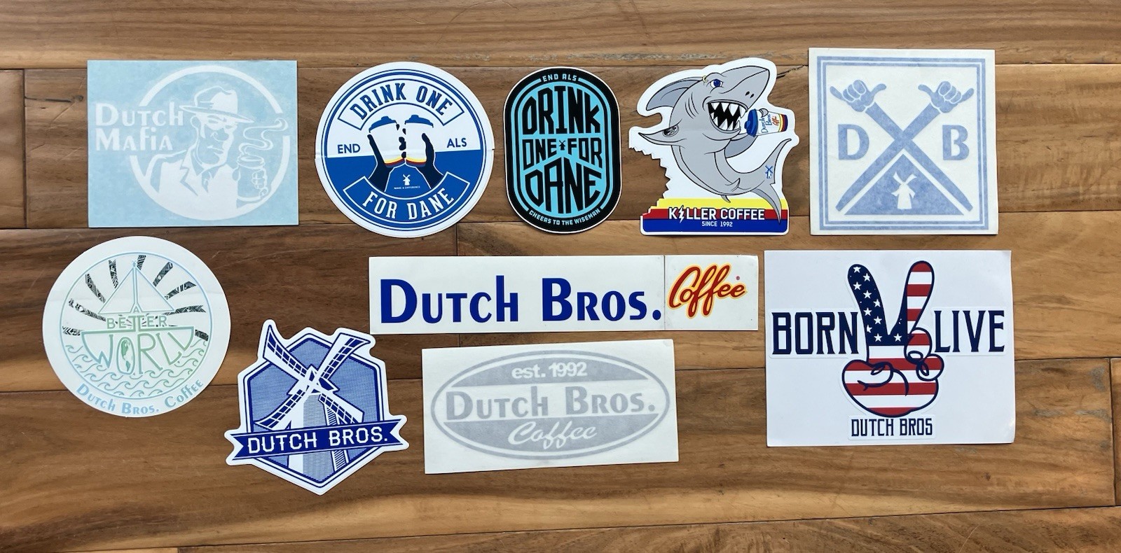 Vintage Lot Dutch Bros Stickers Born 2 Live USA Flag, Drink One For Dane READ Vintage Lot Dutch Bros Stickers Born 2 Live USA Flag, Drink One For Dane READ