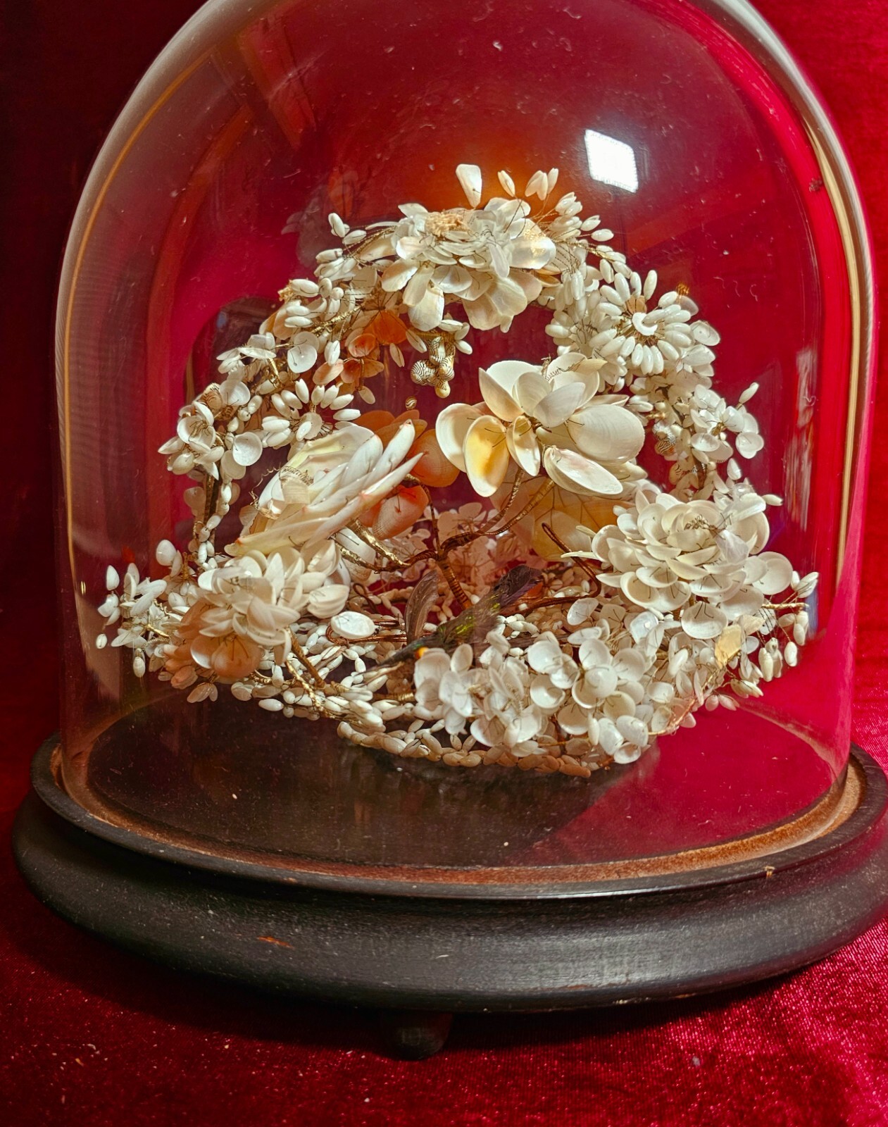 Victorian Cloche Shell Flower Bride\'s Basket in Glass Dome Wedding Gift Antique