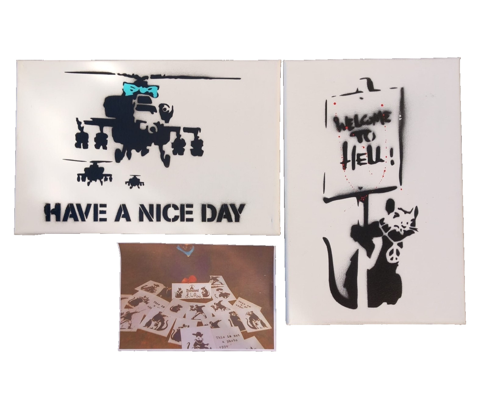 Banksy Original signed canvas set 2  Woh Dismaland + pictures rare choppers rat