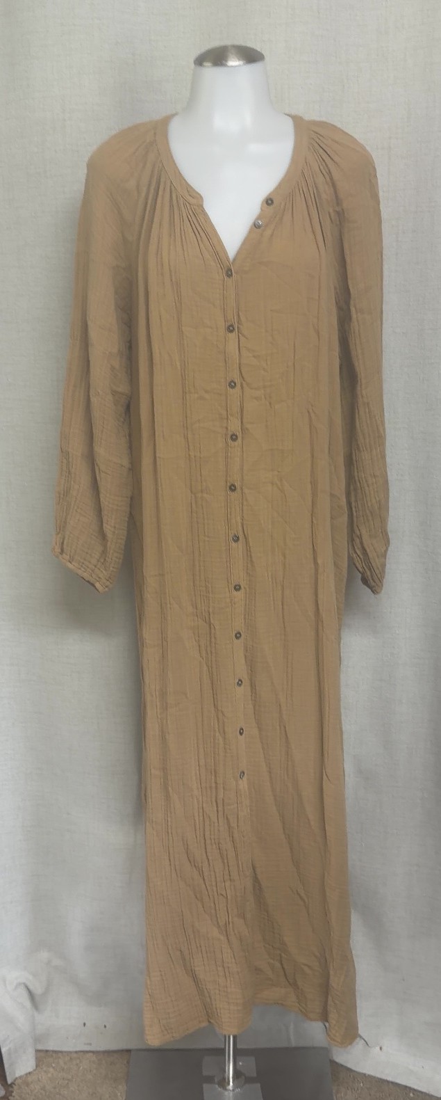 XIRENA Tan Button Down Maxi Dress Gauze Long Sleeve Belted Boho Sz M