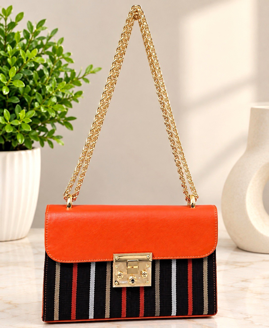 B_LuxeFashion Women’s Small Striped Shoulder/Crossbody Bag Gold Chain Turn Lock