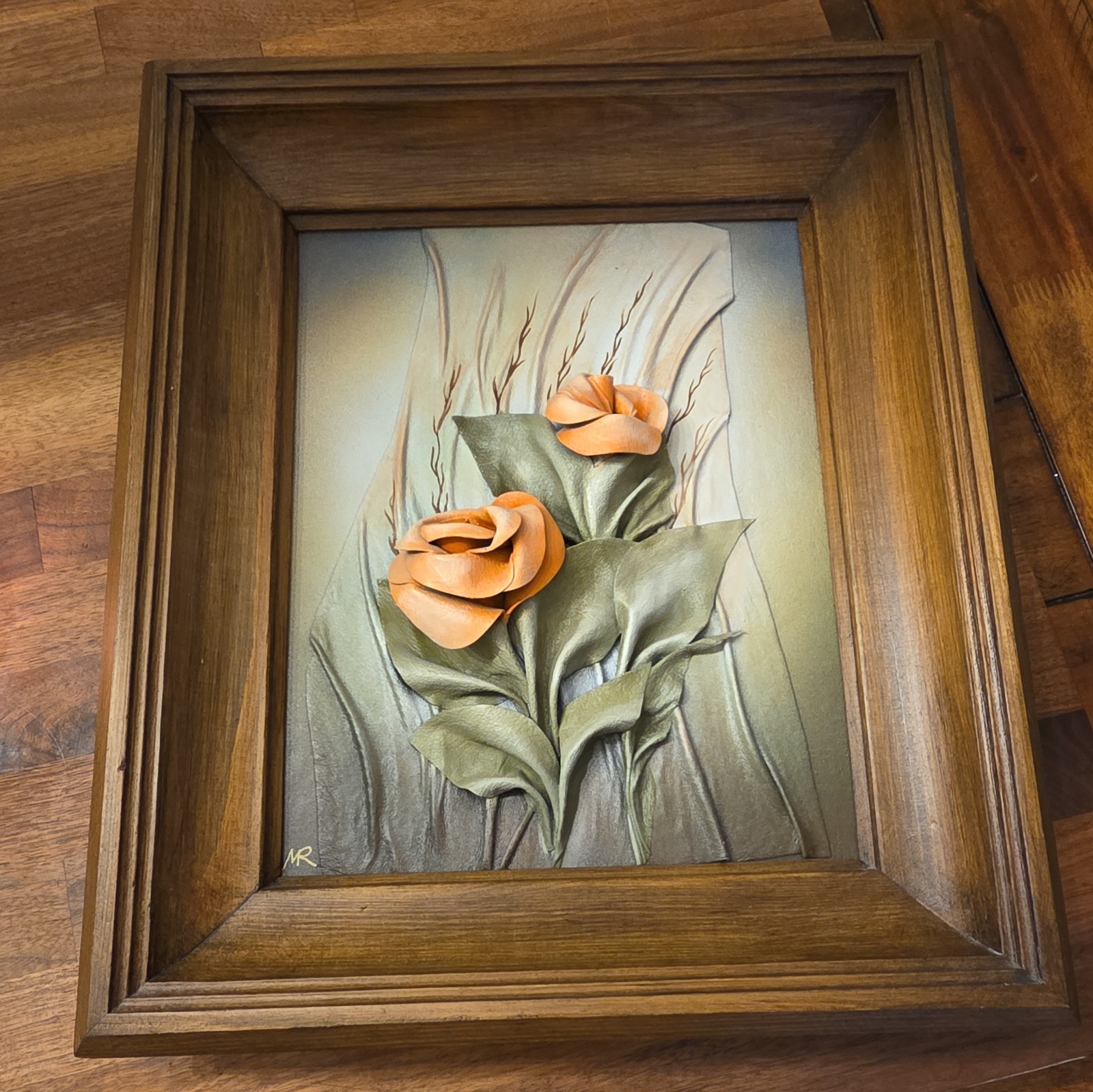 Vintage Artisan Signed Genuine Leather 3D Formed Floral Wall Art, Italy Vintage Artisan Signed Genuine Leather 3D Formed Floral Wall Art, Italy