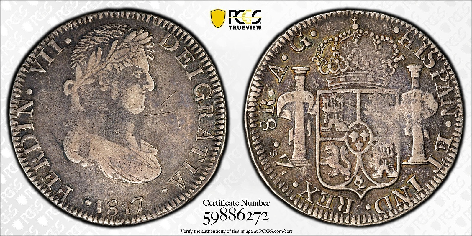 1817-Zs AG ZACATECAS WAR OF INDEPENDENCE FERDINAND VII KM-111.5 PCGS VF DETAILS 1817-Zs AG ZACATECAS WAR OF INDEPENDENCE FERDINAND VII KM-111.5 PCGS VF DETAILS