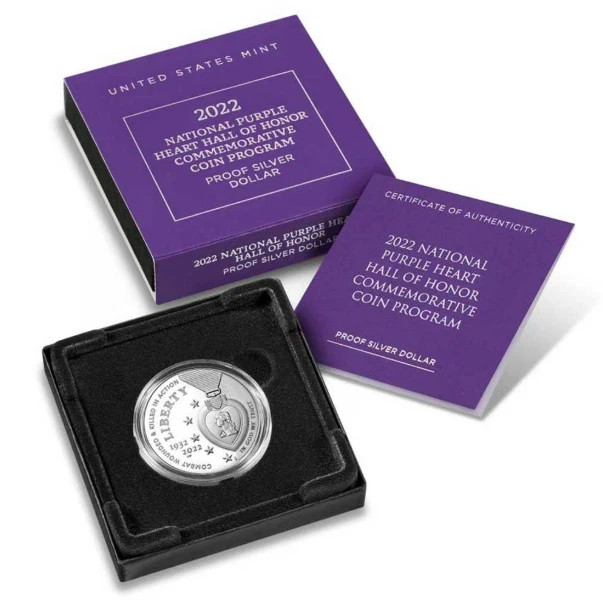 2022-W Proof $1 National Purple Heart Hall of Honor Silver Dollar Box, OGP 2022-W Proof $1 National Purple Heart Hall of Honor Silver Dollar Box, OGP
